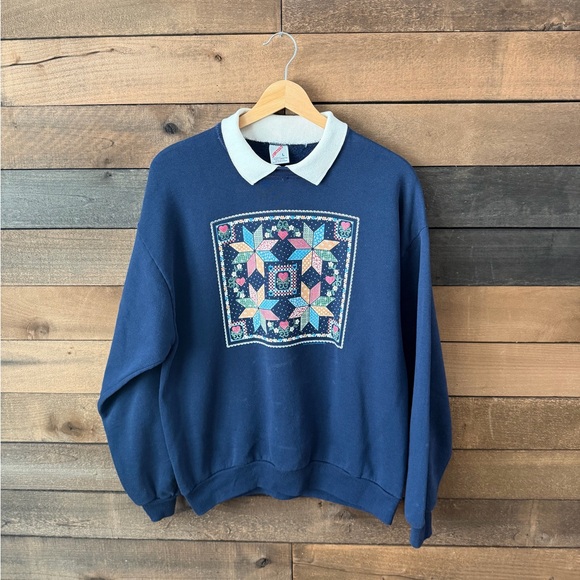 Vintage Sweaters - Vintage Jerzees Quilted Patchwork Sweatshirt Collared Pullover